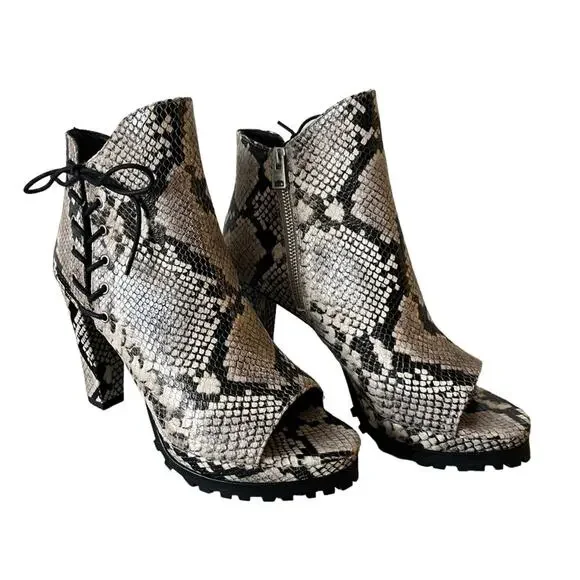 AllSaints Michela Leather Snake Print Peep Toe Heeled Shoes Booties Size 40 EU - Picture 14 of 16